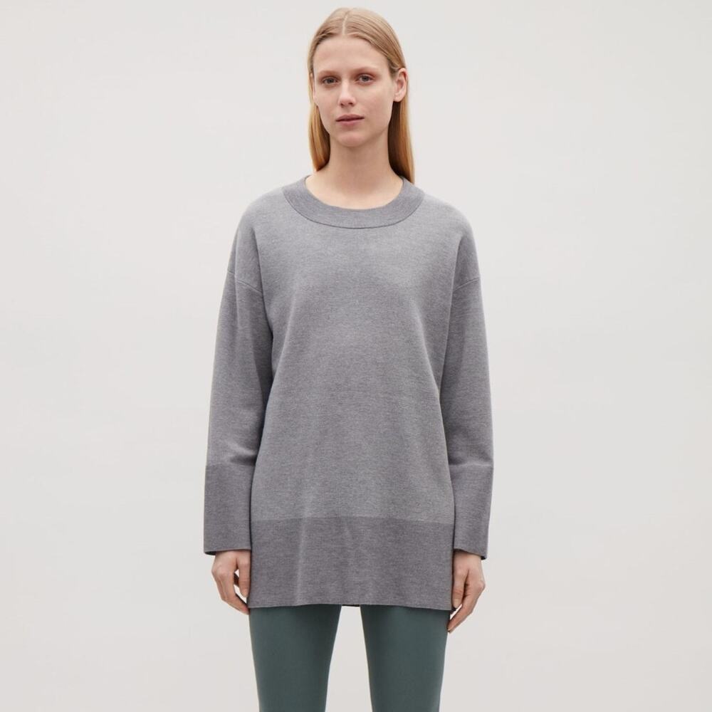 COS Oversized Merino-Cotton Jumper Long Sleeve Heather Grey Sweater, Size Large